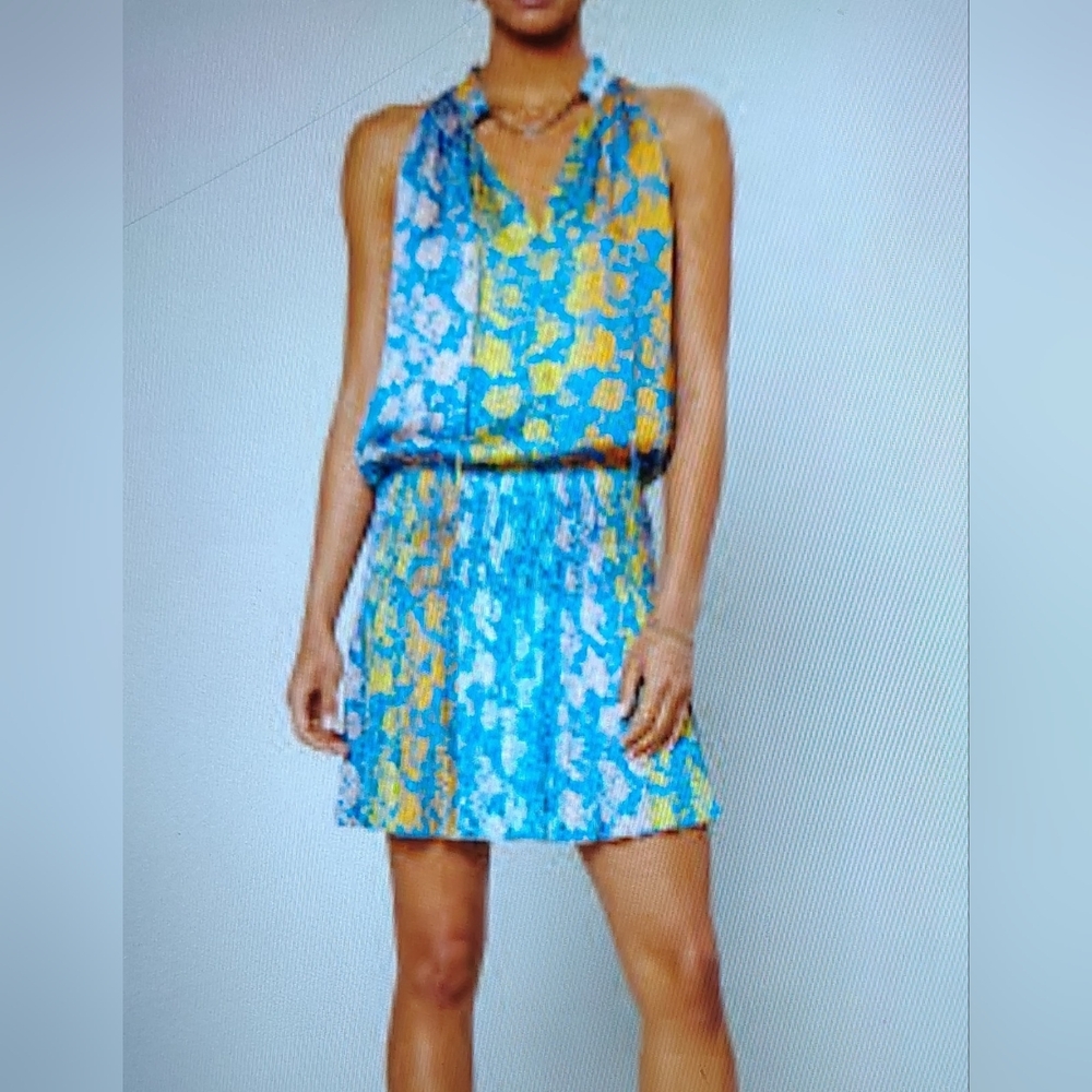 Ramy Smocked Ombre Floral Pleated Blouson Mini Dress by Julian Chang Sz S